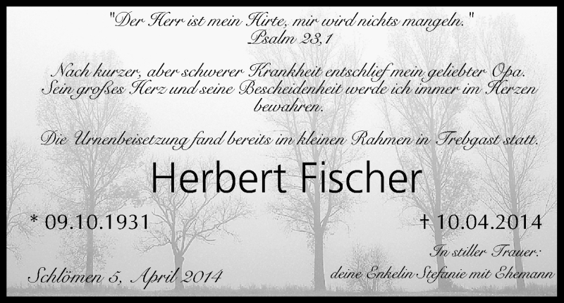  Traueranzeige für Herbert Fischer vom 22.04.2014 aus MGO