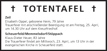 Anzeige von Totentafel vom 23.04.2014 von MGO