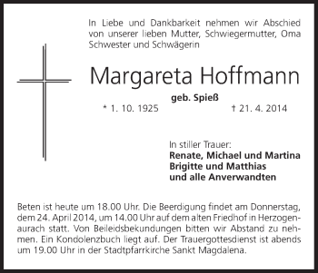 Anzeige von Margareta Hoffmann von MGO