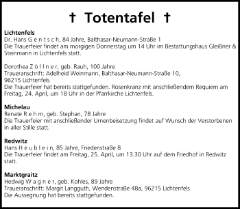 Anzeige von Totentafel vom 23.04.2014 von MGO