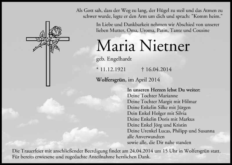  Traueranzeige für Maria Nietner vom 23.04.2014 aus MGO