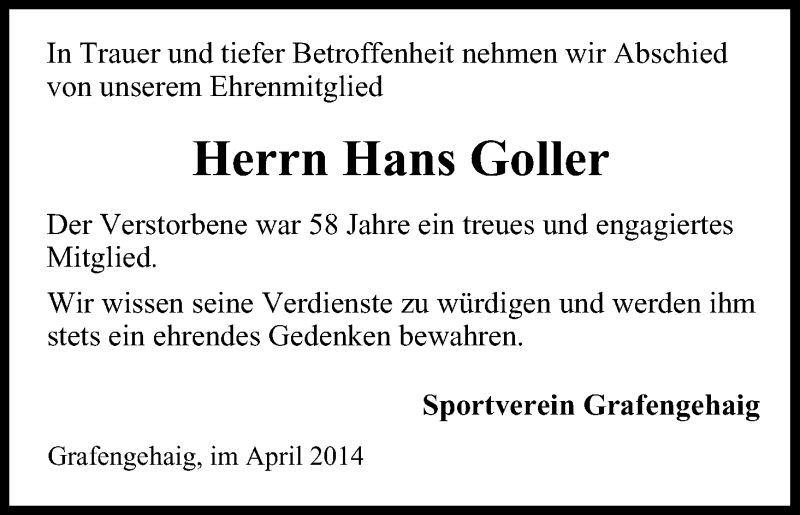  Traueranzeige für Hans Goller vom 24.04.2014 aus MGO