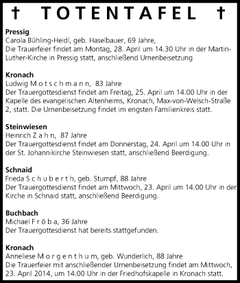 Anzeige von Totentafel vom 23.04.2014 von MGO