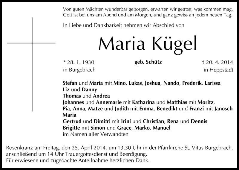  Traueranzeige für Maria Kügel vom 23.04.2014 aus MGO