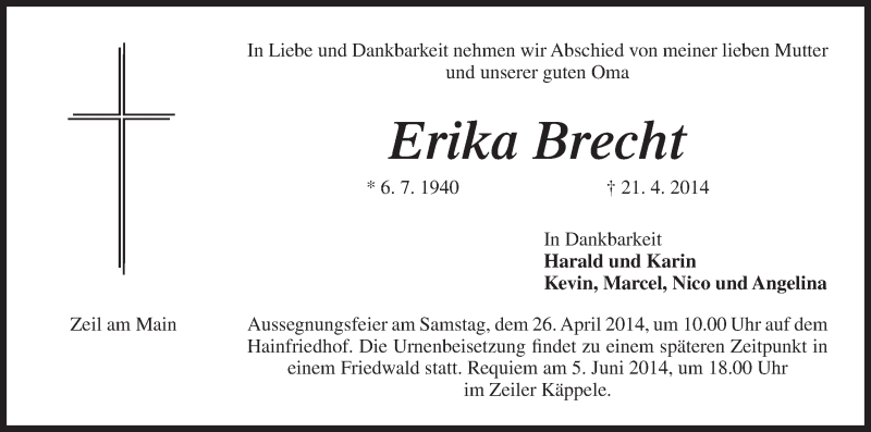  Traueranzeige für Erika Brecht vom 24.04.2014 aus MGO