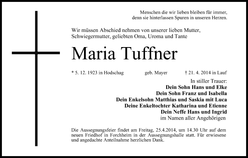  Traueranzeige für Maria Tuffner vom 24.04.2014 aus MGO
