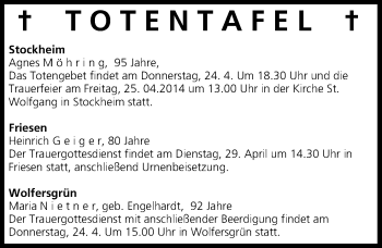 Anzeige von Totentafel, vom 24.04.2014 von MGO