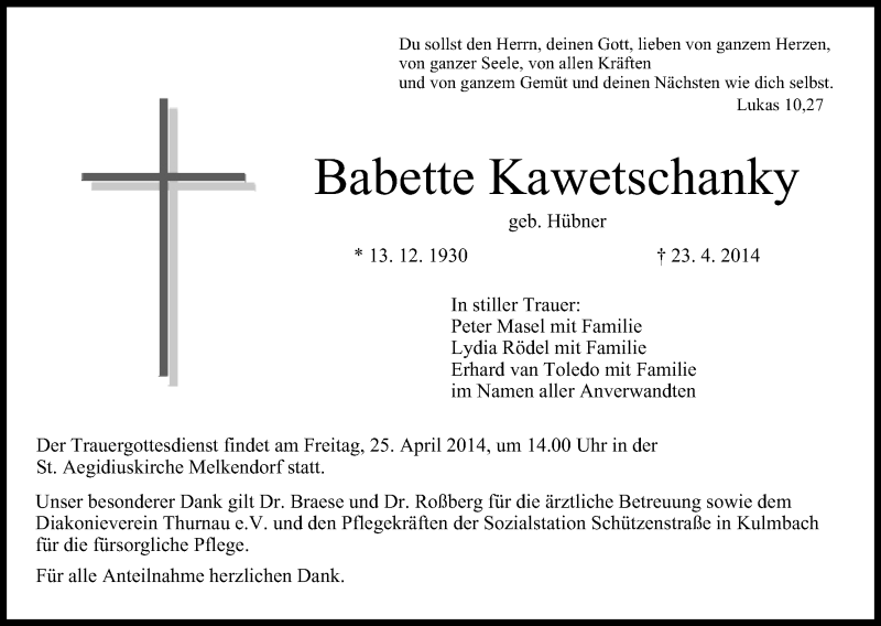  Traueranzeige für Babette Kawetschanky vom 24.04.2014 aus MGO