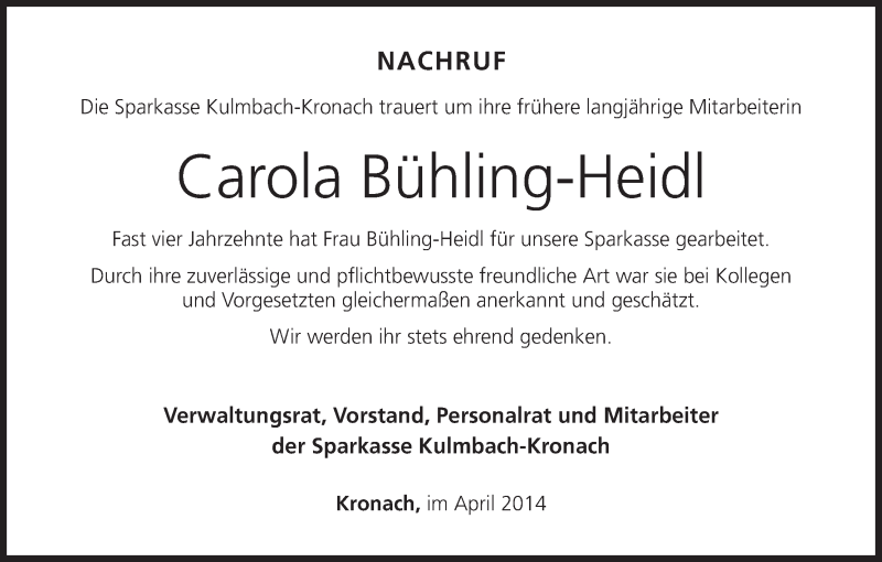  Traueranzeige für Carola Bühling-Heidl vom 25.04.2014 aus MGO