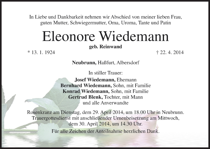  Traueranzeige für Eleonore Wiedemann vom 26.04.2014 aus MGO