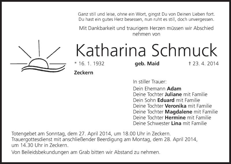  Traueranzeige für Katharina Schmuck vom 25.04.2014 aus MGO