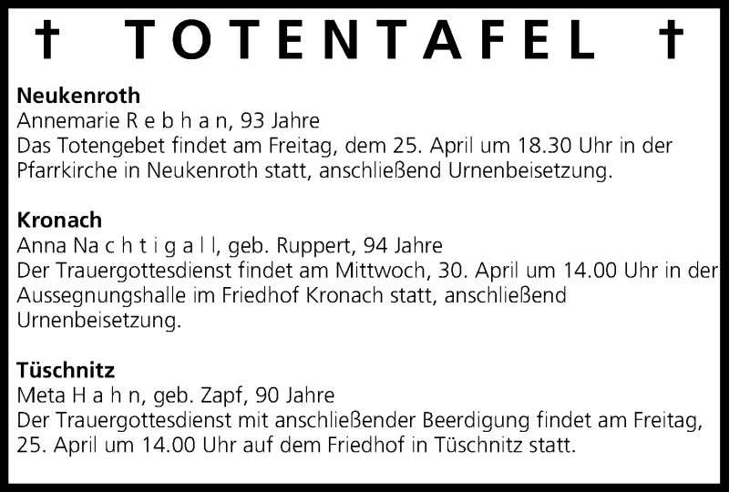  Traueranzeige für Totentafel 25.04.2014 vom 25.04.2014 aus MGO