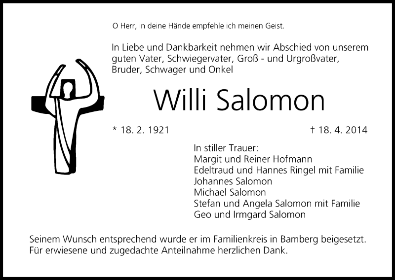  Traueranzeige für Willi Salomon vom 26.04.2014 aus MGO
