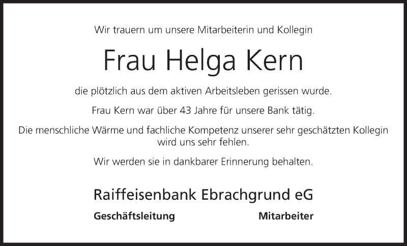  Traueranzeige für Helga Kern vom 26.04.2014 aus MGO