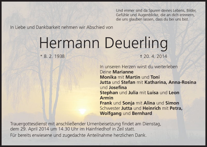  Traueranzeige für Hermann Deuerling vom 26.04.2014 aus MGO
