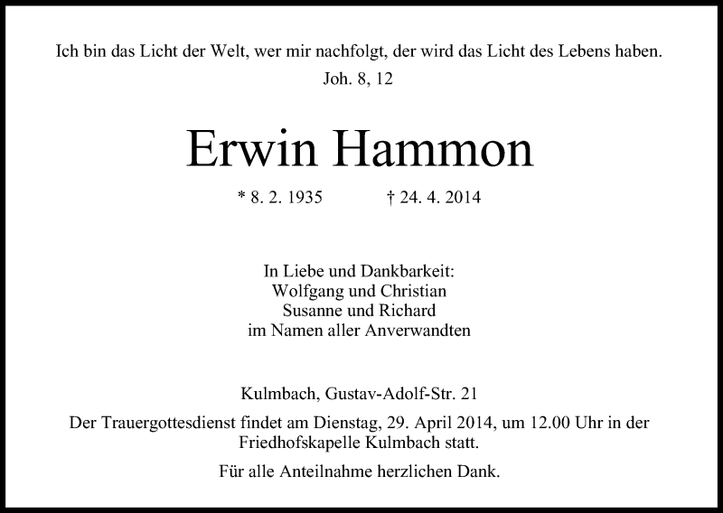  Traueranzeige für Erwin Hammon vom 26.04.2014 aus MGO