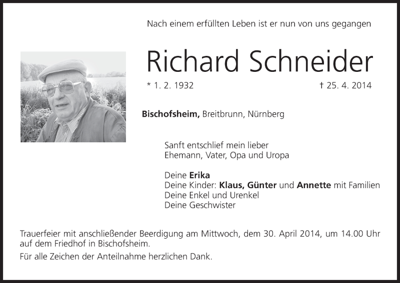  Traueranzeige für Richard Schneider vom 28.04.2014 aus MGO
