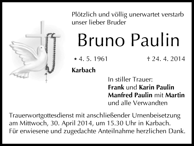  Traueranzeige für Bruno Paulin  vom 28.04.2014 aus MGO