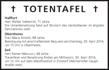 Anzeige von Totentafel, vom 29.04.2014 von MGO