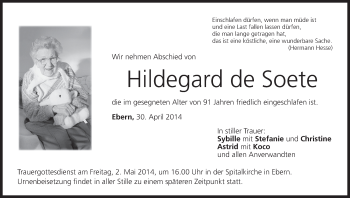 Anzeige von Hildegard de Soete von MGO