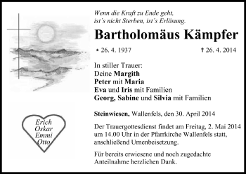 Anzeige von Bartholomäus Kämpfer von MGO