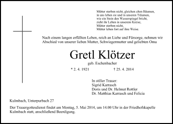 Anzeige von Gretl Klötzer von MGO