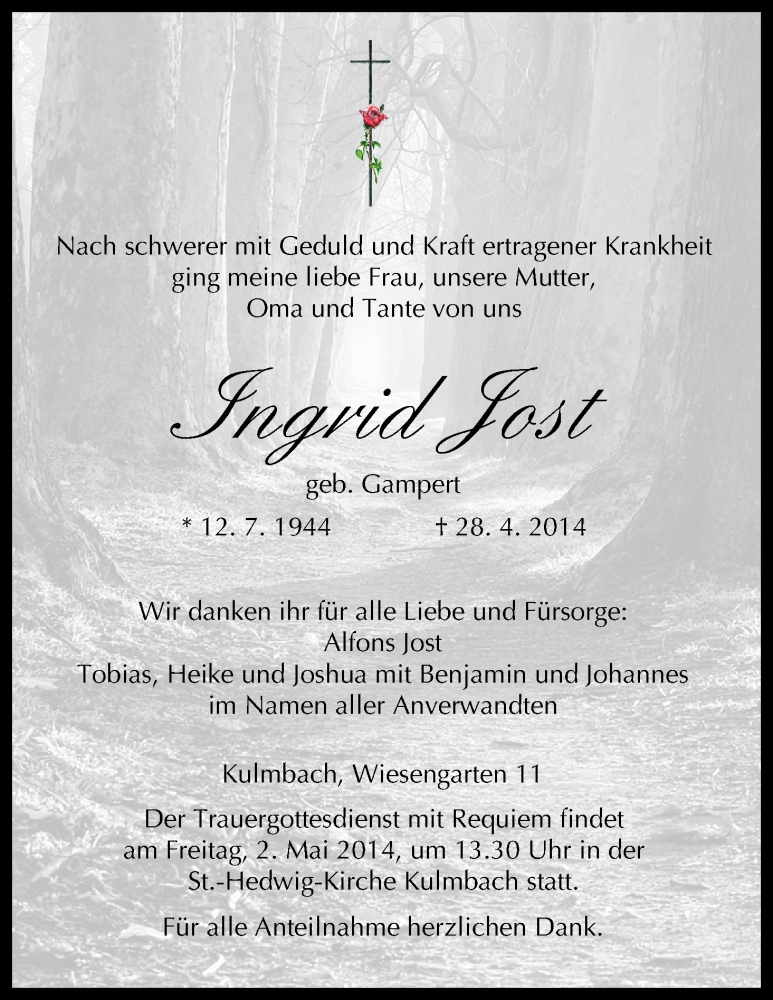  Traueranzeige für Ingrid Jost vom 30.04.2014 aus MGO