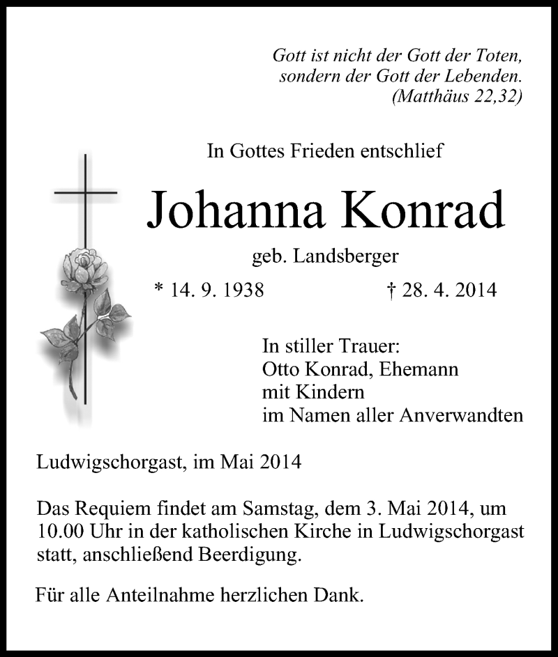  Traueranzeige für Johanna Konrad vom 01.05.2014 aus MGO