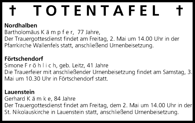  Traueranzeige für Totentafel vom 01.05.2014 vom 01.05.2014 aus MGO