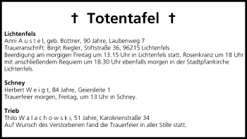Anzeige von Totentafel vom 01.05.2014 von MGO