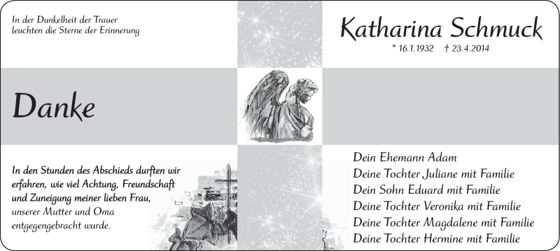 Traueranzeige für Katharina Schmuck vom 03.05.2014 aus MGO