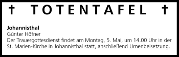 Anzeige von Totentafel vom 03.05.2014 von MGO