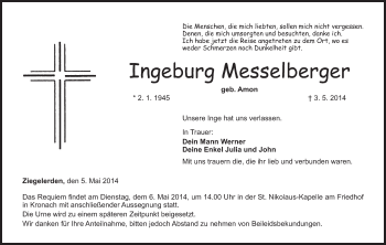 Anzeige von Ingeburg Messelberger von MGO