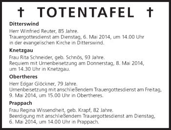 Anzeige von Totentafel vom 06.05.2014 von MGO