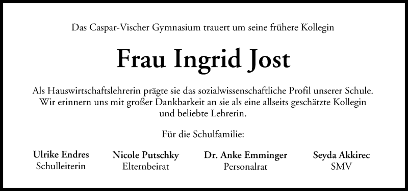  Traueranzeige für Ingrid Jost vom 05.05.2014 aus MGO