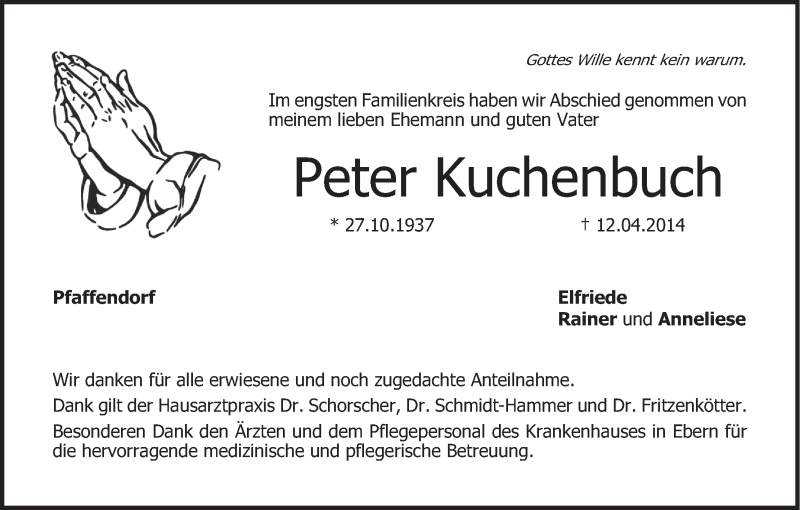  Traueranzeige für Peter Kuchenbuch vom 05.05.2014 aus MGO