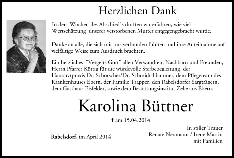  Traueranzeige für Karolina Büttner vom 03.05.2014 aus MGO