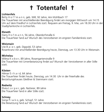 Anzeige von Totentafel vom 06.05.2014 von MGO