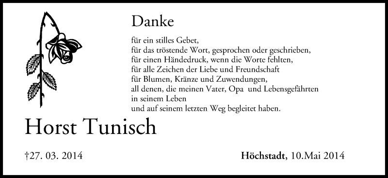  Traueranzeige für Horst Tunisch vom 10.05.2014 aus MGO