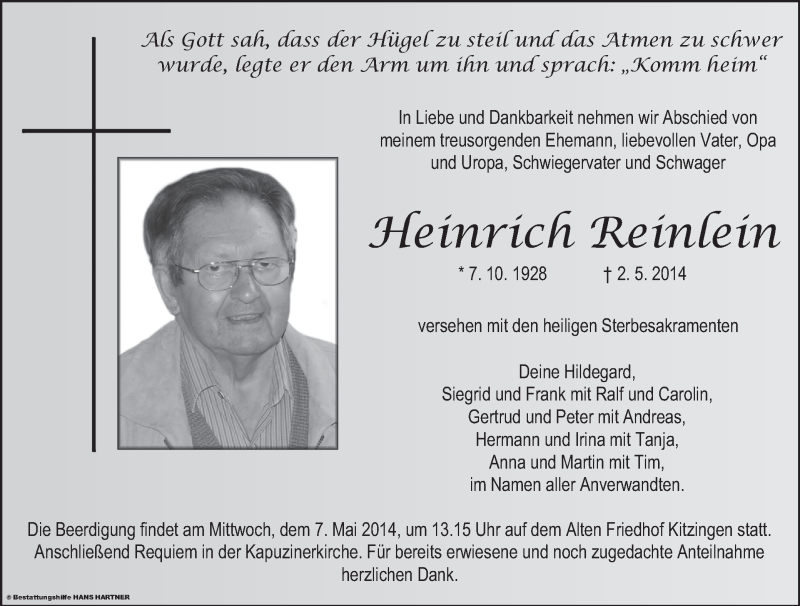  Traueranzeige für Heinrich Reinlein vom 06.05.2014 aus MGO