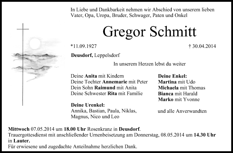  Traueranzeige für Gregor Schmitt vom 06.05.2014 aus MGO