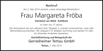 Anzeige von Margareta Fröba von MGO