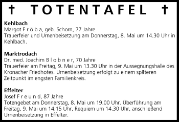 Anzeige von Totentafel vom 07.05.2014 von MGO
