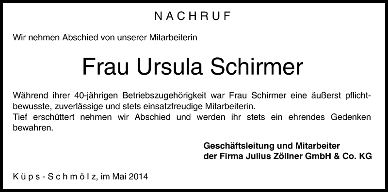  Traueranzeige für Ursula Schirmer vom 07.05.2014 aus MGO