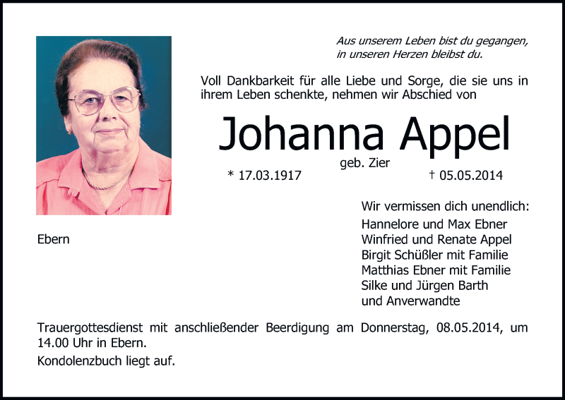  Traueranzeige für Johanna Appel vom 07.05.2014 aus MGO