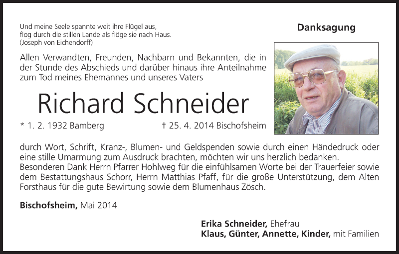  Traueranzeige für Richard Schneider vom 10.05.2014 aus MGO