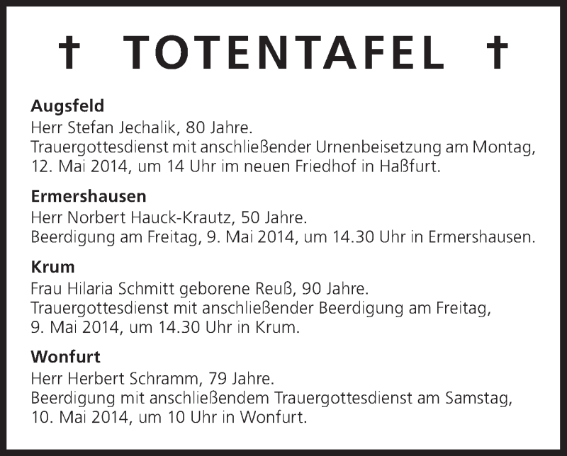  Traueranzeige für Totentafel 09.05.2014 vom 09.05.2014 aus MGO