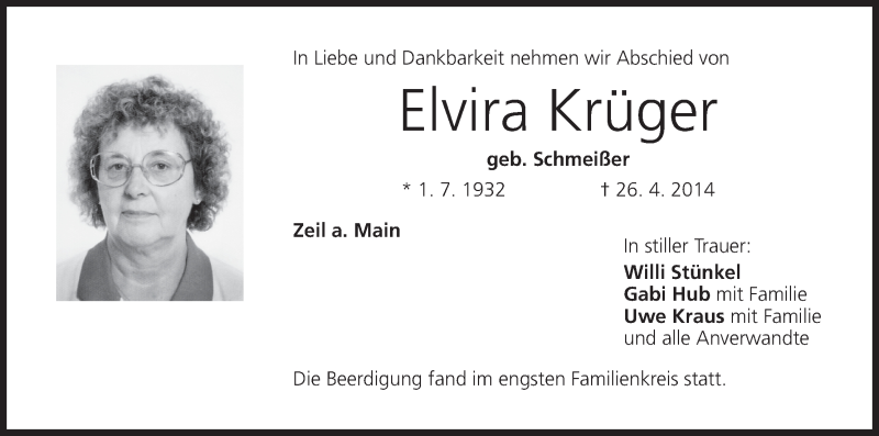  Traueranzeige für Elvira Krüger vom 10.05.2014 aus MGO