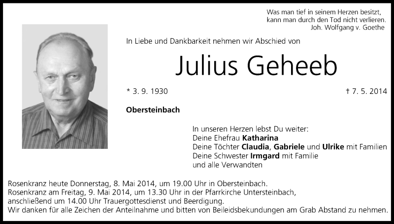  Traueranzeige für Julius Geheeb vom 08.05.2014 aus MGO