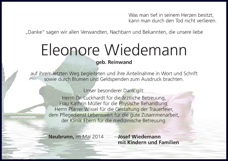  Traueranzeige für Eleonore Wiedemann vom 10.05.2014 aus MGO